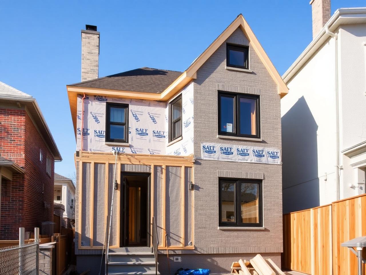 Second-storey addition under construction on a narrow semi-detached house in Etobicoke