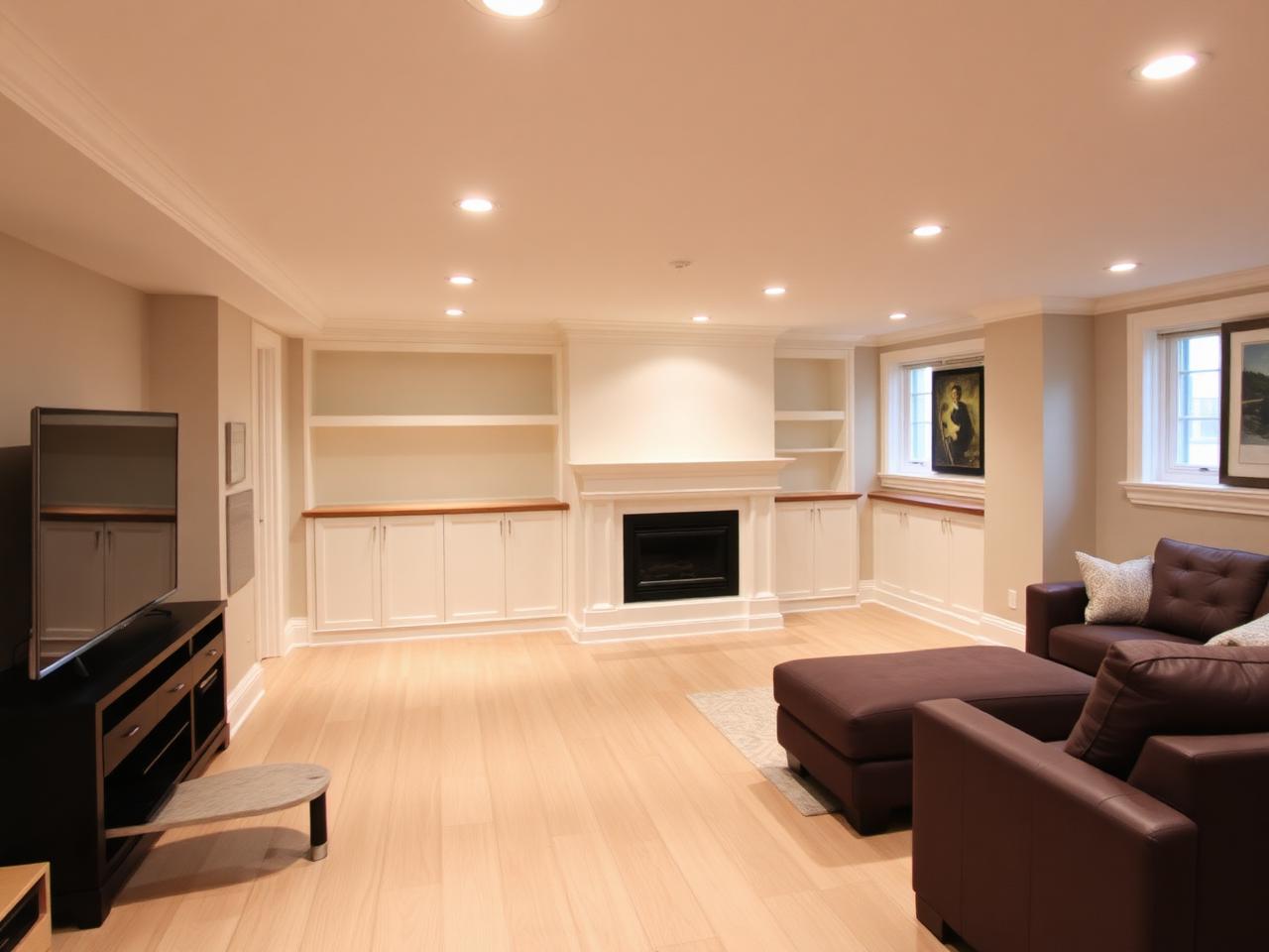 Finished basement renovation with warm lighting and oak flooring in an Etobicoke semi-detached home