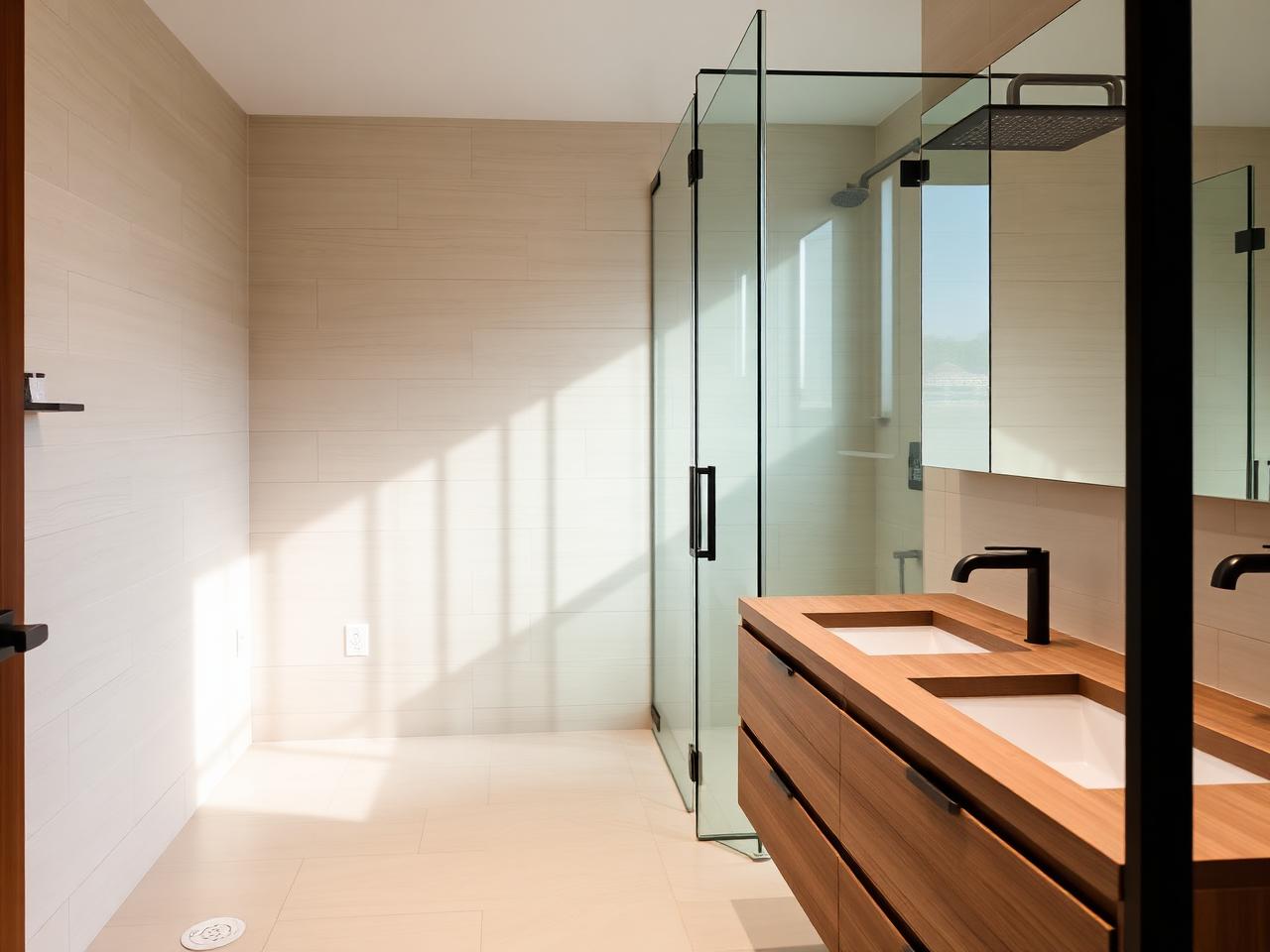 Modern renovated bathroom with wood vanity and glass shower in an Etobicoke condo