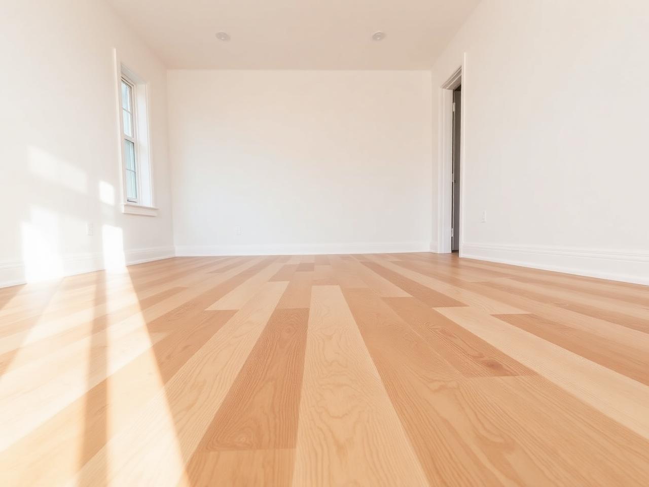 Newly installed wide-plank white oak hardwood flooring in a renovated Etobicoke room