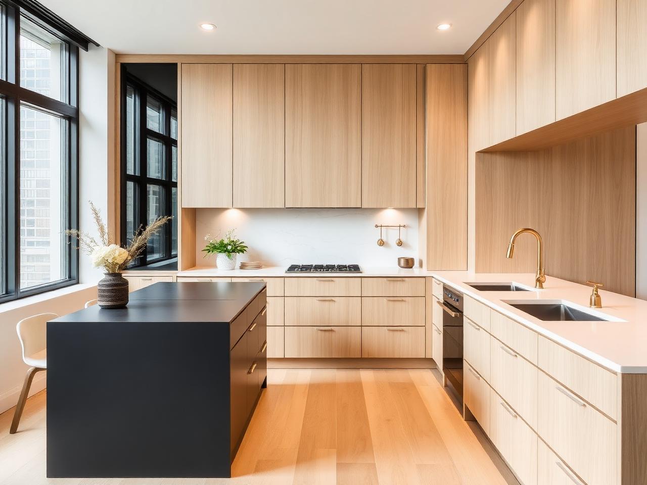 Renovated kitchen with white oak cabinetry and charcoal island in an Etobicoke condo