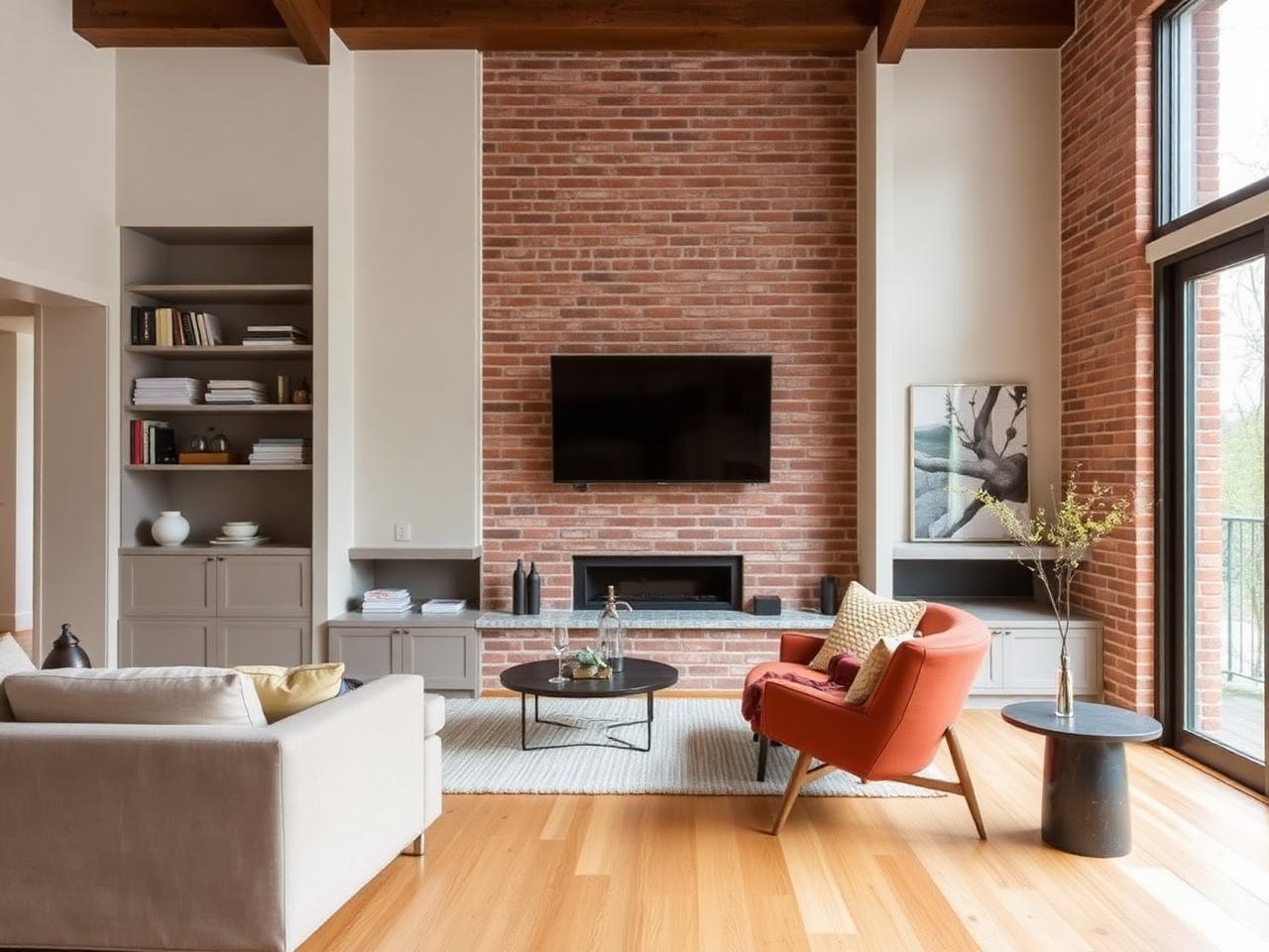Renovated living room with exposed brick wall and built-in shelving in an Etobicoke bungalow